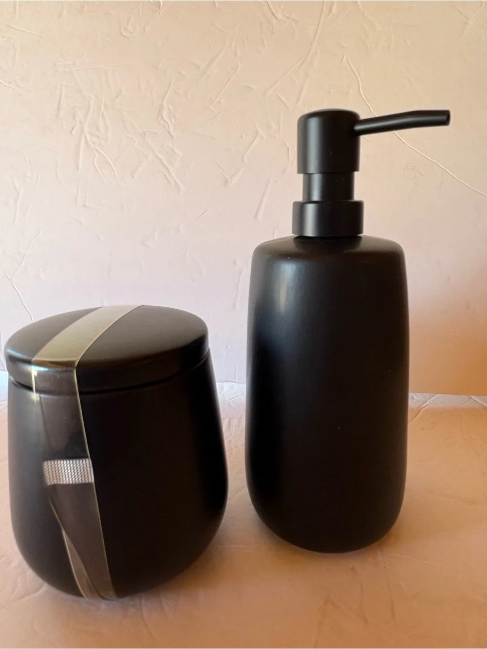 NEW - 2pc: Soft Matte Black Ceramic Bathroom Soap Dispenser and Container